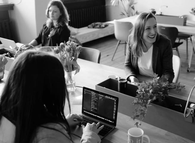 Women at a meeting table, one is coding, one is smiling.